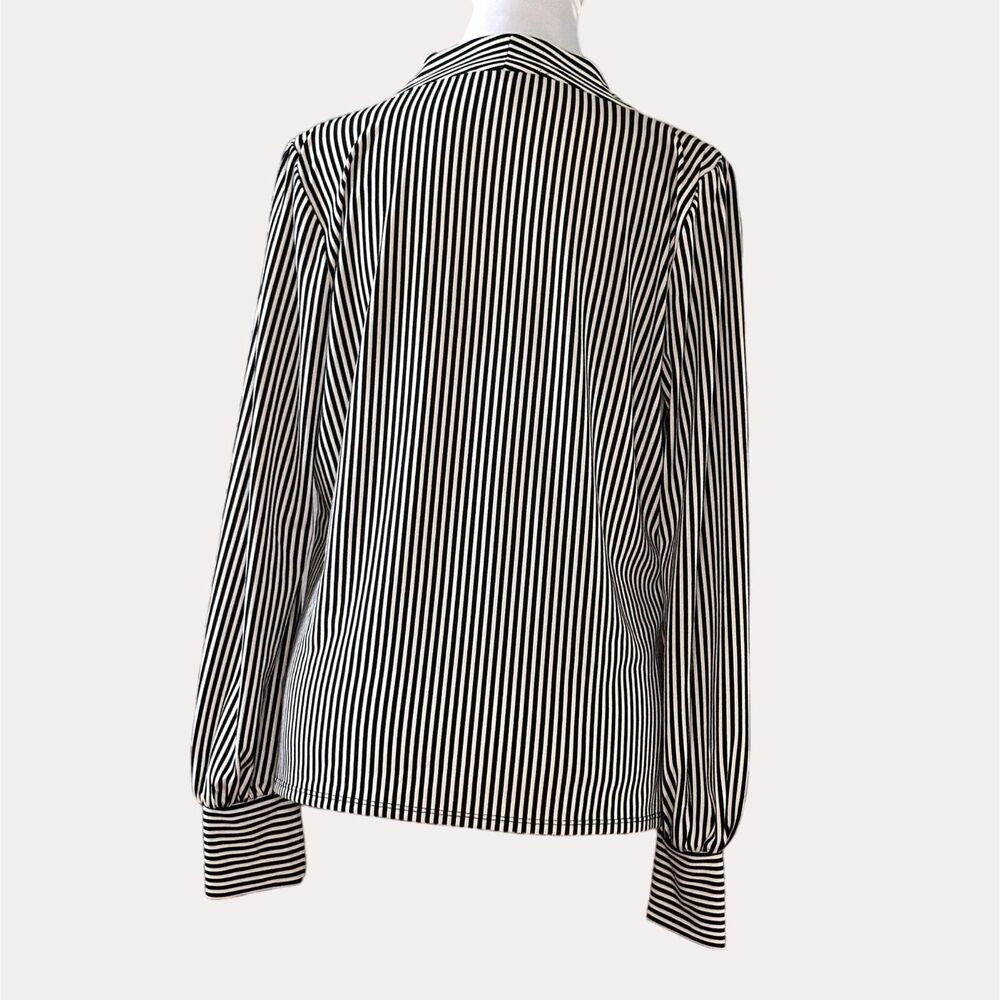 Adrianna Papell Faux Wrap Slinky Knit Blouse Stripe V-Neck Black White S - Picture 4 of 6